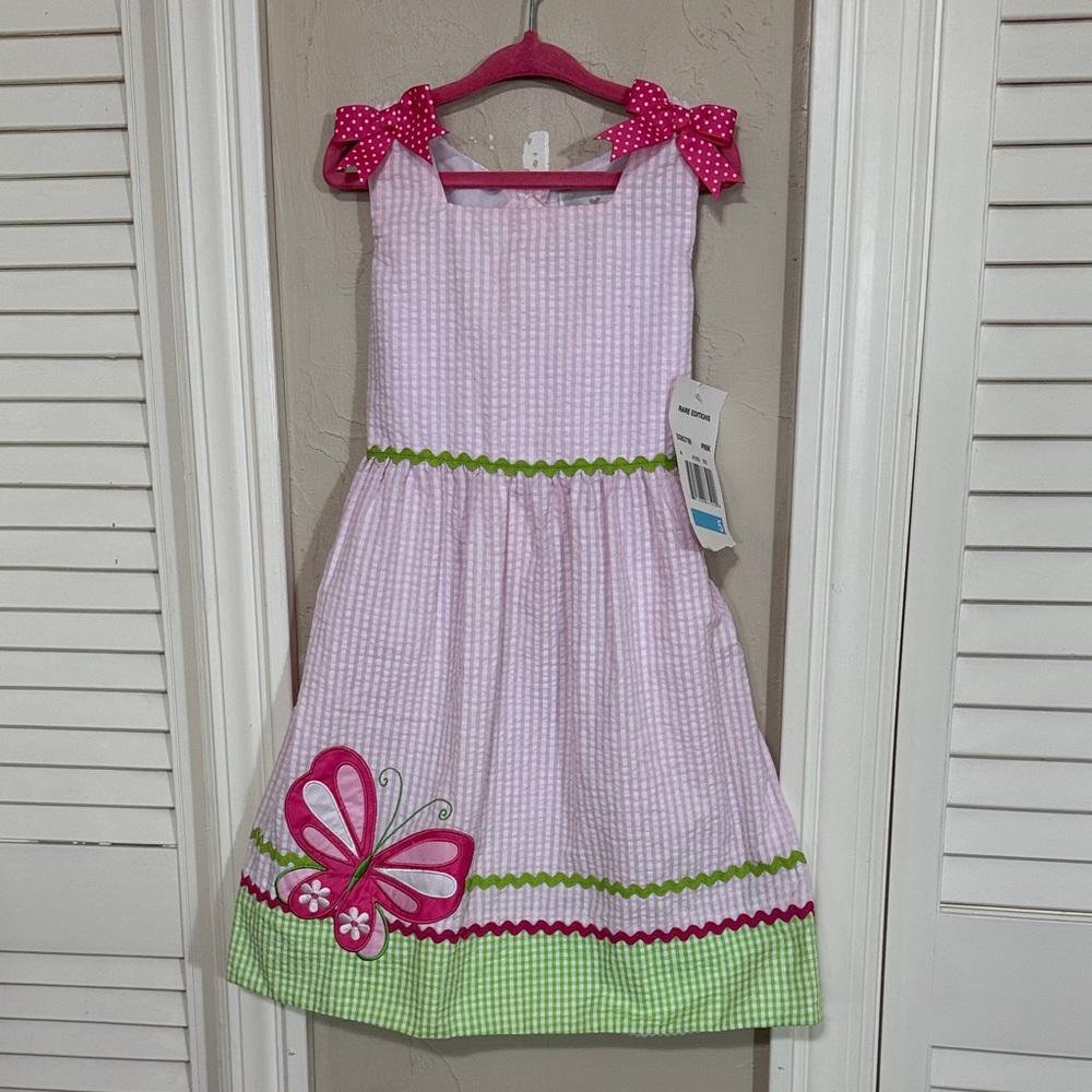 NWT Rare Editions Pink and Green gingham Butterfly Kids Dress spring Easter 5
